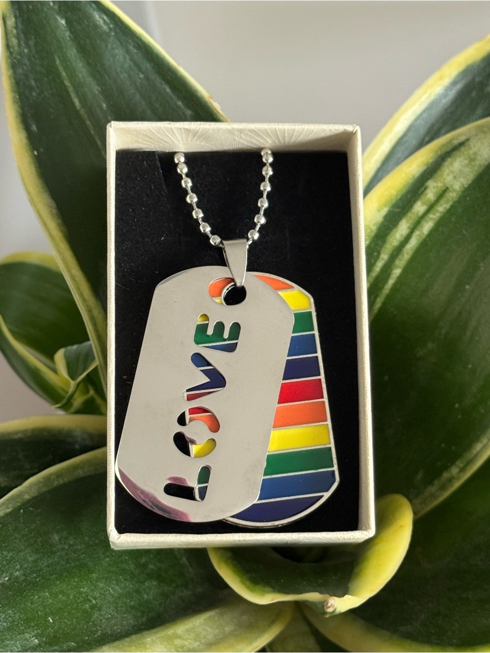 Steel Rainbow 'LOVE' Dog Tag Necklace - Silver and Multicolor